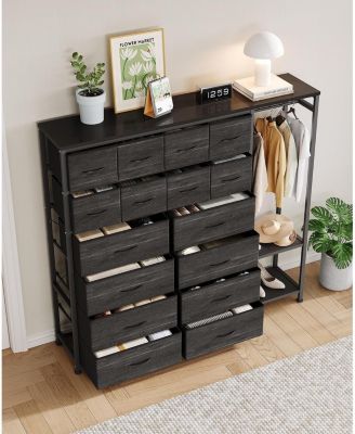 16 Drawer Dresser with Clothes Rack, Tall Fabric Storage Organizer for Bedroom Closet, Living Room