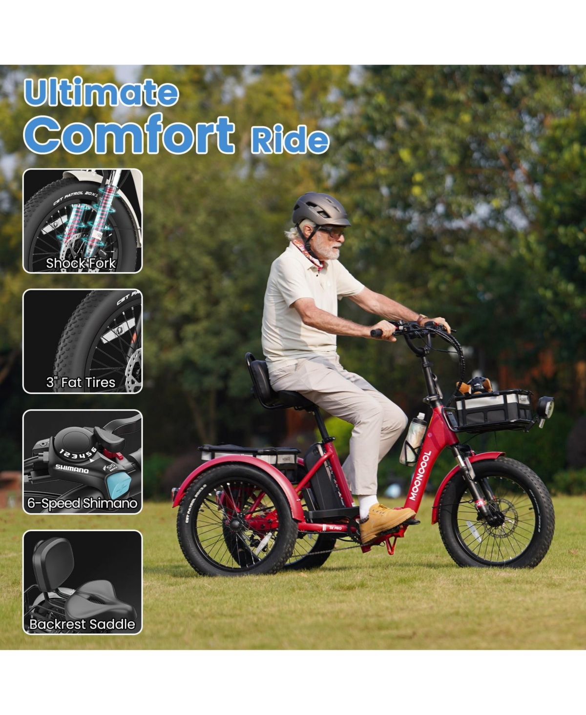 Mooncool Tk Pro 750W Foldable Electric Tricycle for Adults, 20" x 3.0" Wheel