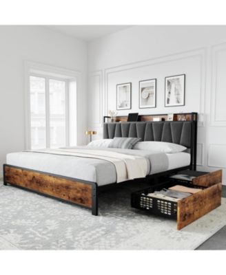 King Size Bed Frame with Storage Linen Upholstered Headboard, 4 Drawers Platform Bed Frame with Charging Station, No Box Spring