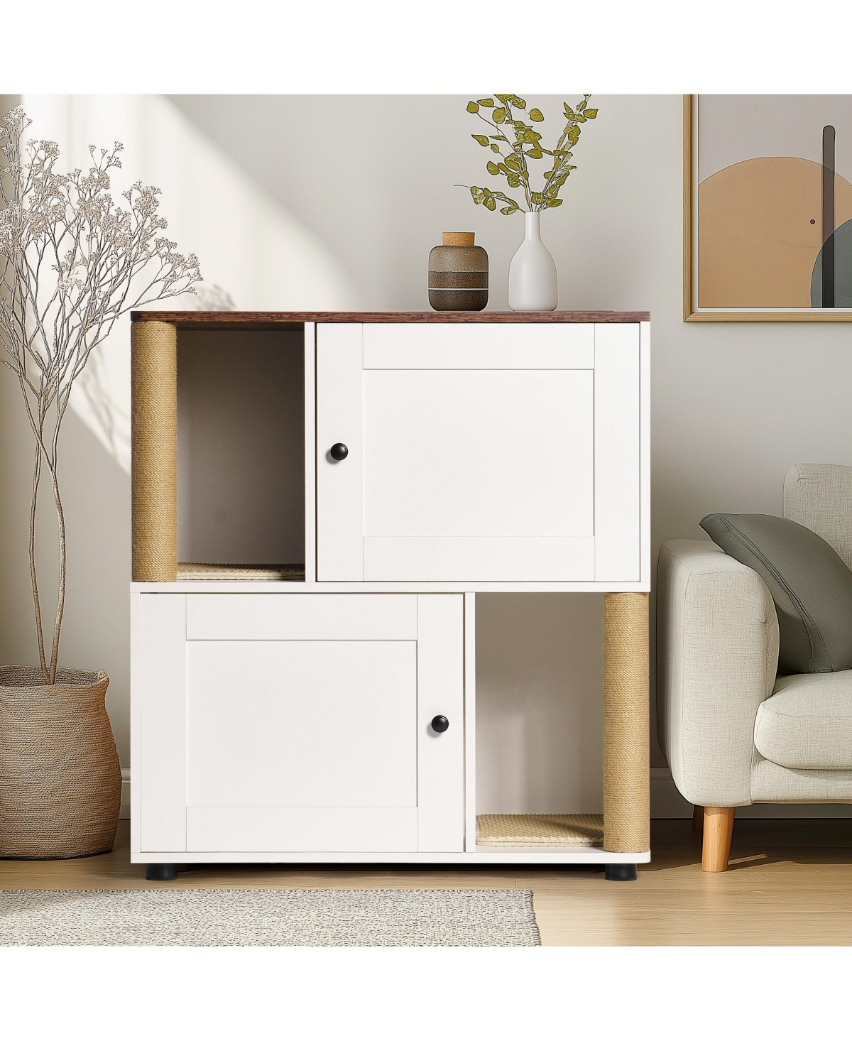 Cozito Double Cat Litter Box Enclosure Cabinet with Shelf and Scratching Post, Fits Two Litter Boxes, White and Vintage Finish