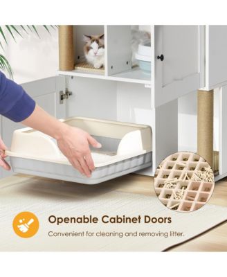 Double Cat Litter Box Enclosure Cabinet with Shelf and Scratching Post, Fits Two Litter Boxes, White and Vintage Finish