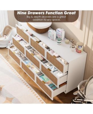 Rattan 9 Drawer Dressers for Bedroom, Tall Dresser with Deep Drawers, Large Chest of Drawers for Closet with Wide Top
