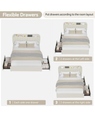 Queen Bed Frame with Storage Headboard, Girls Bed Frame with 2 Drawers, Boucle Upholstered Platform Bed with Bookcase