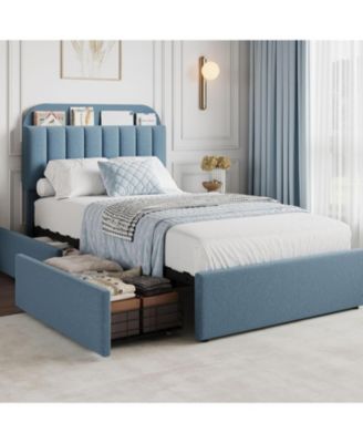 Twin Bed Frame with Storage Headboard, Kids Bed Frame with 2 Drawers, Boucle Upholstered Platform Bed with Bookcase, No Box Spring Needed