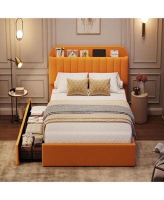 Twin Bed Frame with Storage Headboard, Kids Bed Frame with 2 Drawers, Boucle Upholstered Platform Bed with Bookcase, No Box Spring Needed, Easy