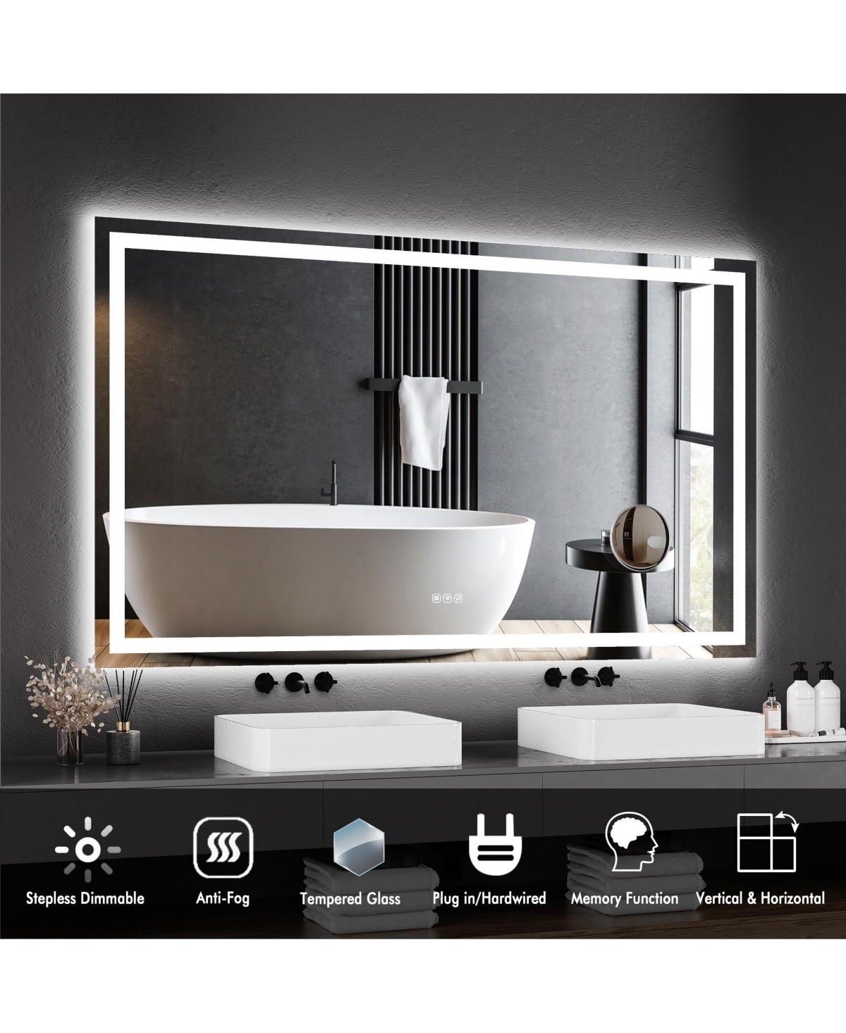 Homfan 60X36 Led Bathroom Vanity Mirror with Dimmable Dual Front & Back Lights, Memory Settings, Shatterproof Tempered Glass