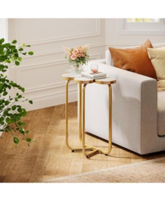 Narrow Side Table, Half-Flower Accent Side Table with Stylish Gold Frame, White and Gold End Tables, 26-Inch Tall Faux Marble Nightstand