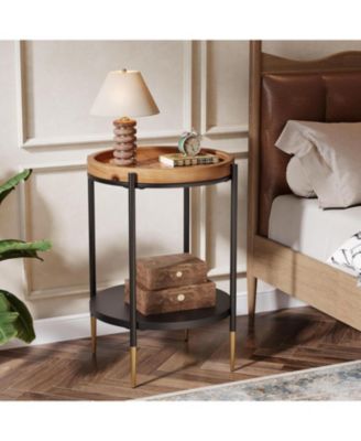 Round Side Table Set of 2, 2-Tier End Table with Solid Wood and Metal, Industrial Nightstand
