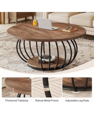 Round Coffee Table for Living Room, 39.4" Industrial Wooden 2-Tier Circle Accent Center Cocktail Table with Storage Shelf and Metal Frame
