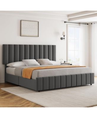 King Linen Upholstered Platform Bed Frame with 4 Storage Drawers, Adjustable Headboard, Wooden Slats Support.