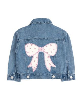 Little Girls Pearl and Gemstone Floral Bow Patch Denim Jacket
