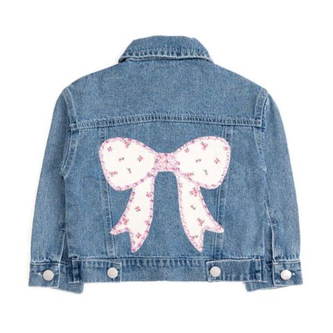 Куртка Sweet Wink Pearl and Gemstone Floral Bow Patch Denim для девочек, цвет: Джинсовый