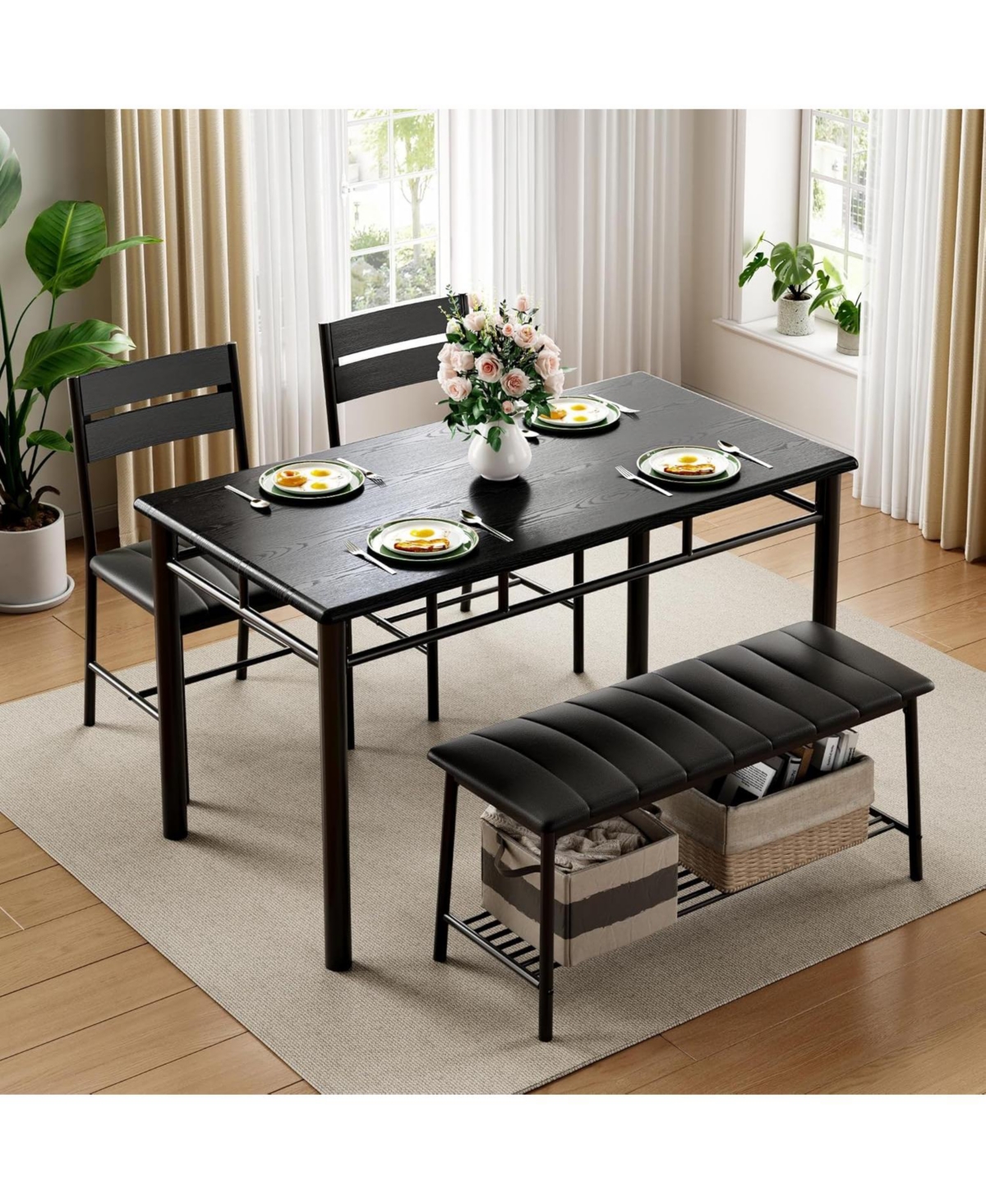 Ironck 27.6" W Dining Table Set for 4, Kitchen Table with Upholstered Bench and 2 Chairs