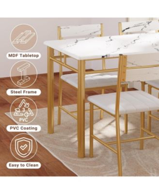 27.6" W Dining Table Set for 4, Wood Kitchen Table with Upholstered Chairs, White & Gold