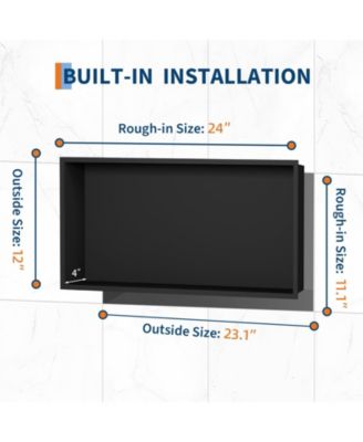 Modern Matte Black Stainless Steel Shower Niche - 24" x 12" Recessed Wall Shelf - Installs Without Tile