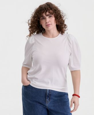 Trendy Plus Printed Ruched Puff-Sleeve Crewneck Top