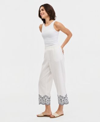 Women's Embroidered Cropped Linen-Blend Pull-On Pants