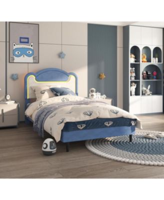 Senfot Full Bed Frame with LED Lights, Upholstered Fabric Headboard, Sturdy Wood Slat Support, No Box Spring Needed