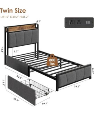 Twin Bed Frame with Storage Drawers, Charging Station & Storage Headboard