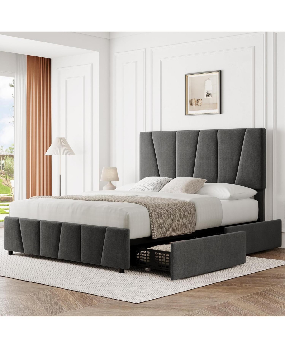 Gaomon Full Size Bed Frame with 4 Storage Drawers and Linen Upholstery Headboard and Footboard