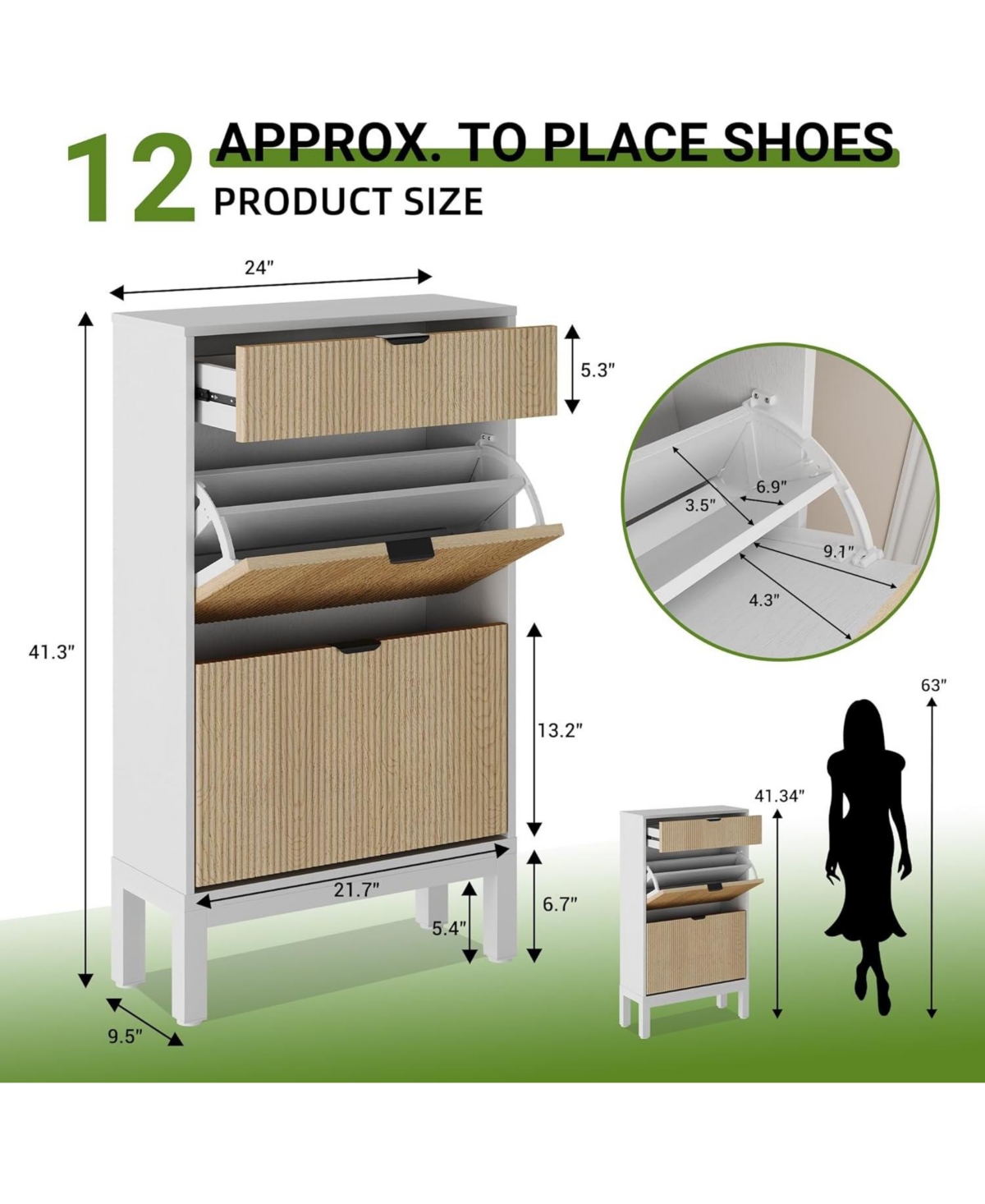 gaomon Slim farmhouse shoe storage cabinet with 2 flip drawers, fluted design, metal legs, and freestanding shoe rack for entryway.