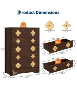 5 Drawer Tall Boho Dresser, 45" Wooden Chest with Clothes Storage Cabinet, Brown