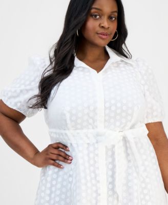 Plus Size Clip Dot Puff-Sleeve Midi Shirtdress