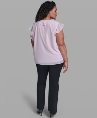 Plus Size Rosette V-Neck Ruffle Blouse Top