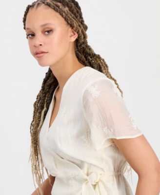 Juniors' Wrap-Front Short-Sleeve Woven Blouse