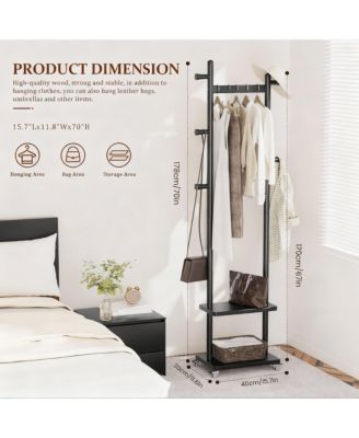 Solid Wood Freestanding Coat Rack with Wheels, 2 Shelves, 5 Hooks for Entryway,Silent Wheels for Easy Mobility