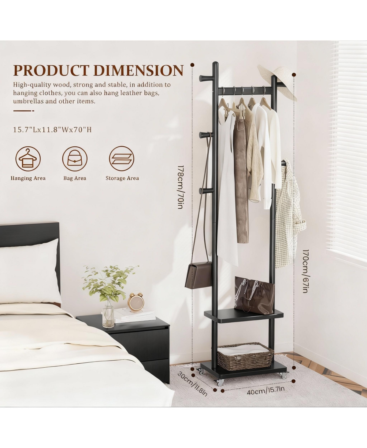 Yigii Solid Wood Freestanding Coat Rack with Wheels, 2 Shelves, 5 Hooks for Entryway,Silent Wheels for Easy Mobility