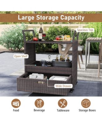 Outdoor Wicker Bar Cart Table with Tempered Glass Top, Patio Serving Cart