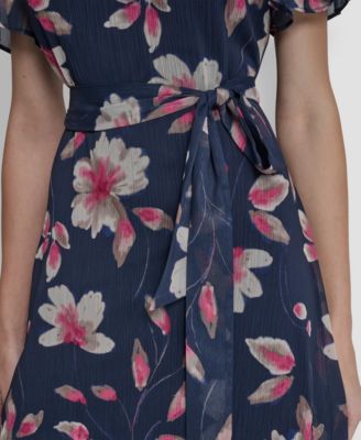 Women's Short Godet-Sleeve Jewel Neck Midi Dress