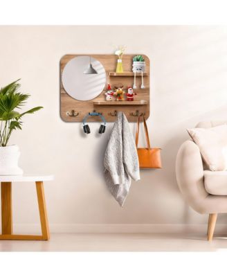 Oak Wood Key Rack with Mirror, Hooks, and Shelves for Home Decor
