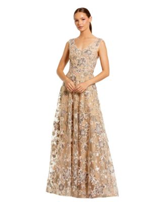 Women's Floral Embroidered Sleeveless V Neck Gown