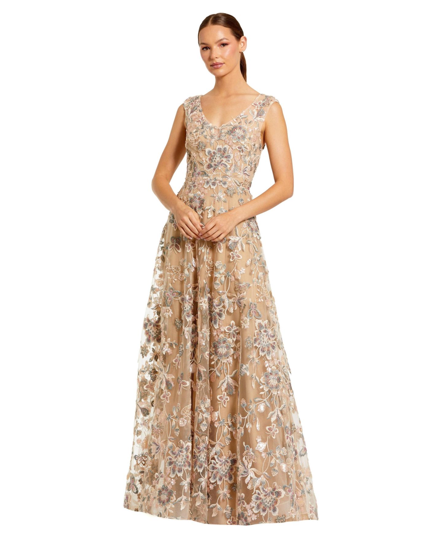 Женское платье Mac Duggal Floral Embroidered Sleeveless V Neck Gown, цвет: Серо-коричневый — фото 1