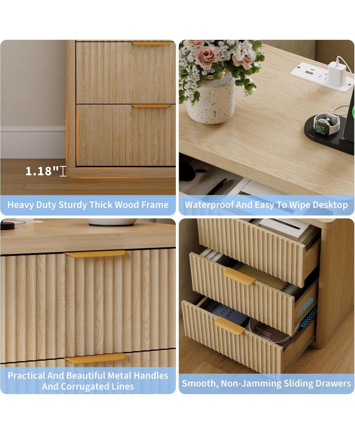 gaomon Fluted Nightstand Set of 2,Mid Century Bedside Table,Wooden End Table,Farmhouse Night Stand with 3 Drawer