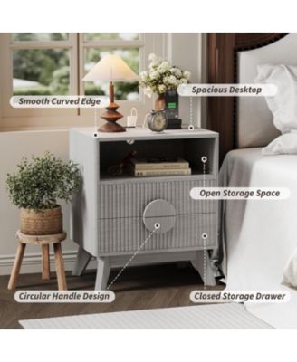 Modern Wood Nightstand with Charging Station, Fluted Bedside Table with Drawers and Shelf for Bedroom, Living Room