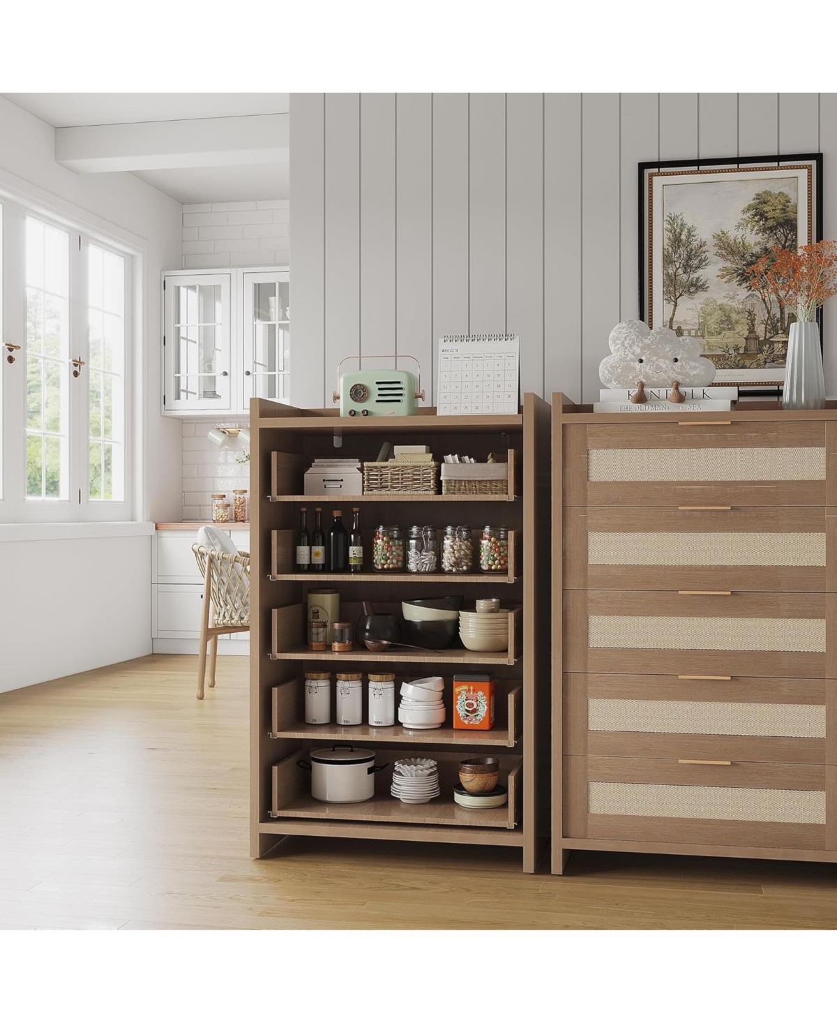 gaomon Rattan 5 Drawers Dresser for Bedroom, Chest of 46 Tall Closet, Boho Night Stand Large Clothes Storage Cabinet - Oak