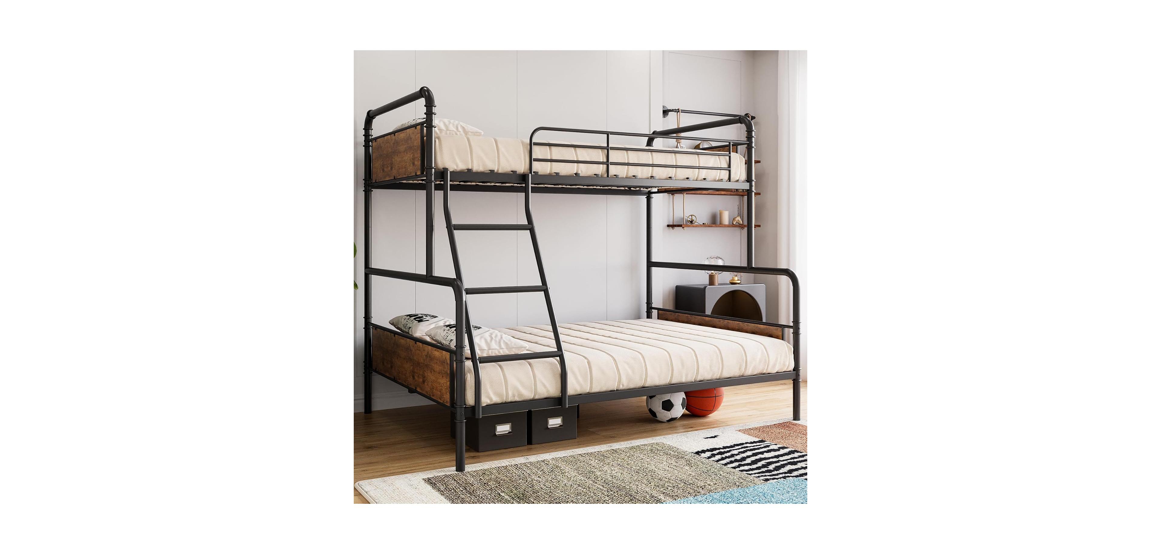 gaomon Metal Bunk Bed Twin Over Full Size with Angled Ladder, High Guardrail, Heavy Duty Bunk Bed Frame with Metal Slats, Smooth Rounded Edges