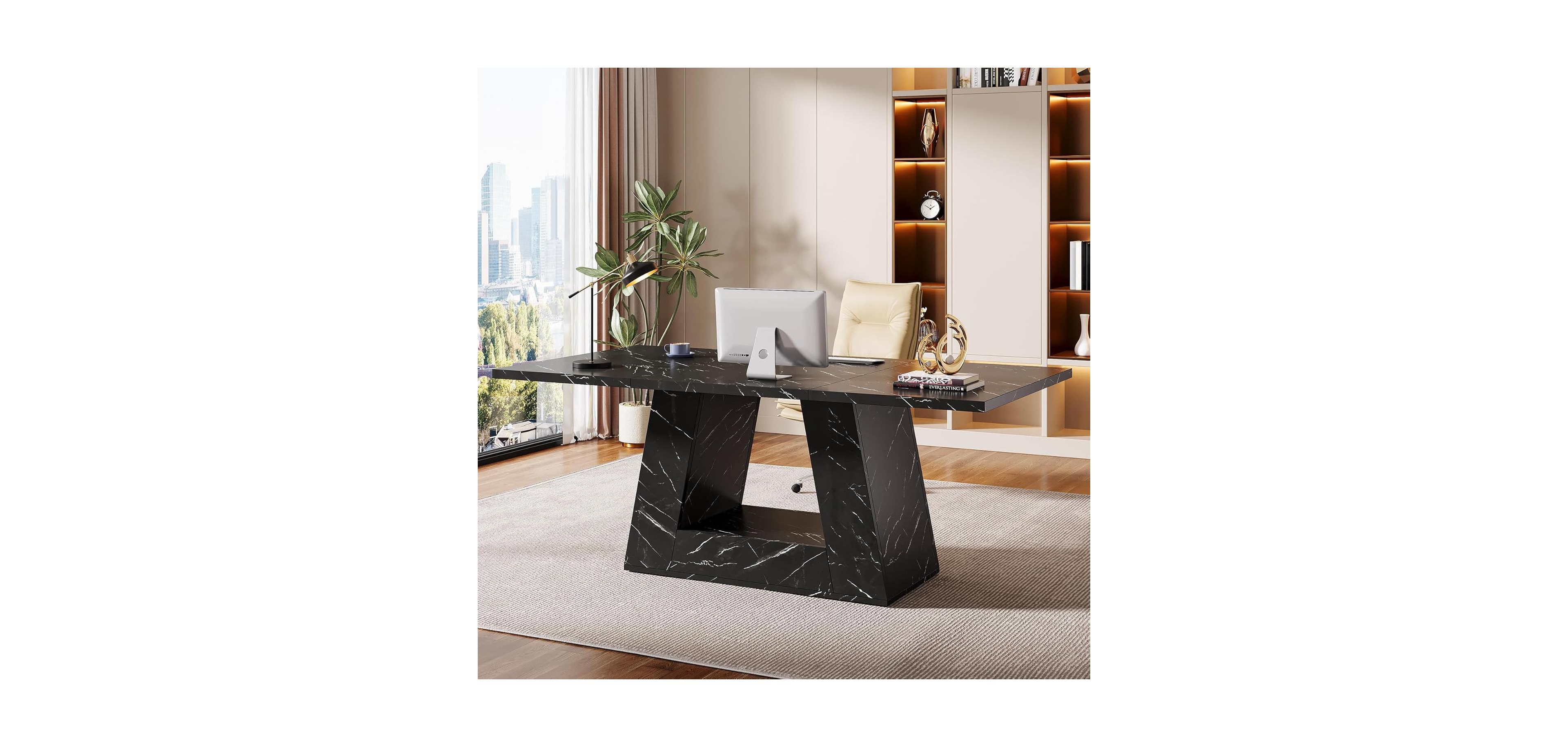 Tribesigns 63-Inch Large Computer Desk, Modern Office Desk Workstation, Simple Style Executive Study Table, Wooden Faux Marble Writing