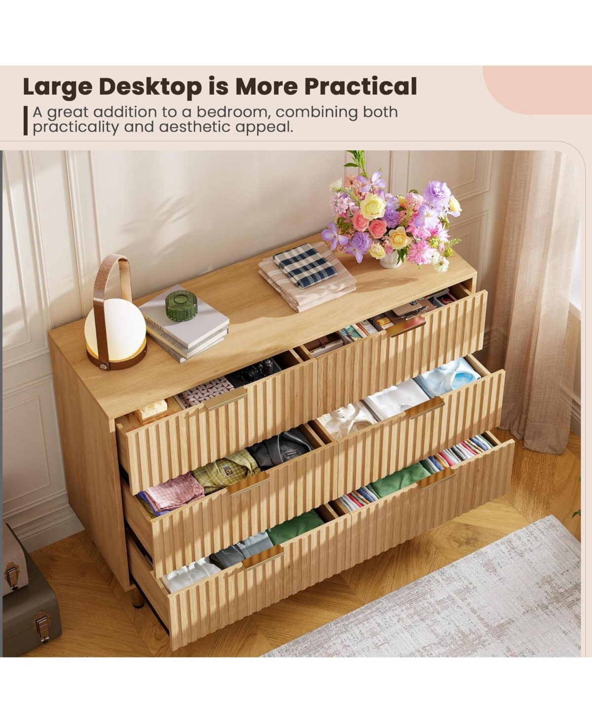 gaomon 6 Drawer Dresser for Bedroom, Fluted Dresser with Large Drawers and Sturdy Gold Legs Support, Dressers & Chests of Drawers for Bedroom