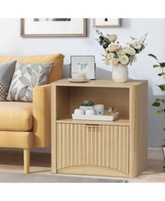 Fluted Farmhouse Night Stand with Charging Station, 23" Mid-Century Modern Nightstand