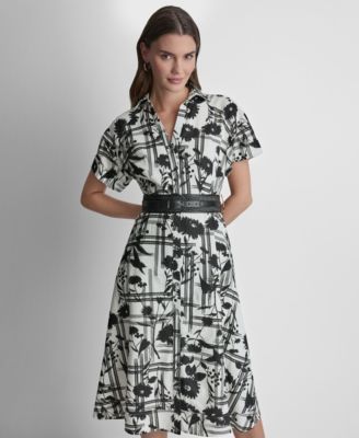 Women's Short-Sleeve Collared Neck Belt Midi Shirtdress