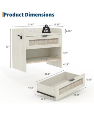 Rattan Nightstands Set of 2, Boho Bedside Table,Wooden End Table,Farmhouse Night Stand with 1 Drawer,Open Shelf