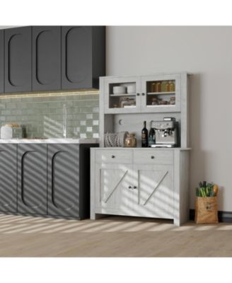 Kitchen Pantry Cabinet with Microwave Shelf,Freestanding Storage Cabinet with Glass Door, Adjustable Shelves and Drawer