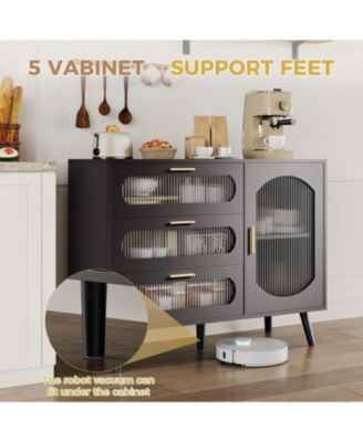 Modern Black Sideboard Cabinet with 3 Spacious Drawers & Fluted Glass Doors for Dining Room, Kitchen, or Living Room Storage