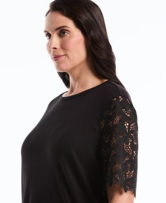 Plus Size Drape Lace Sleeve Crewneck Top