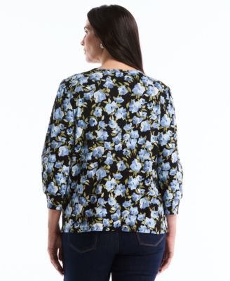 Plus Size Floral Print Shirred 3/4-Length Sleeve Top