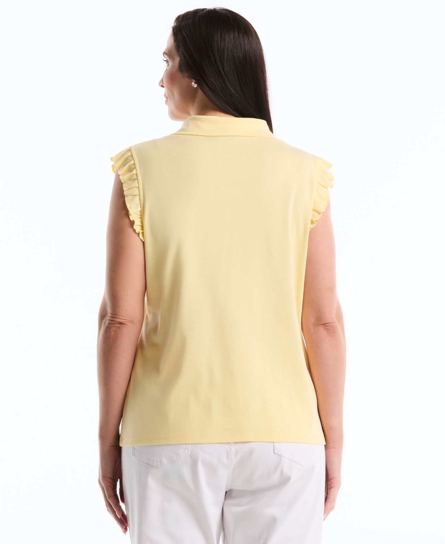 Женская футболка Rafaella Plus Size Ruffle Sleeveless Collared Polo T-Shirt, цвет: Pale Banana — фото 4